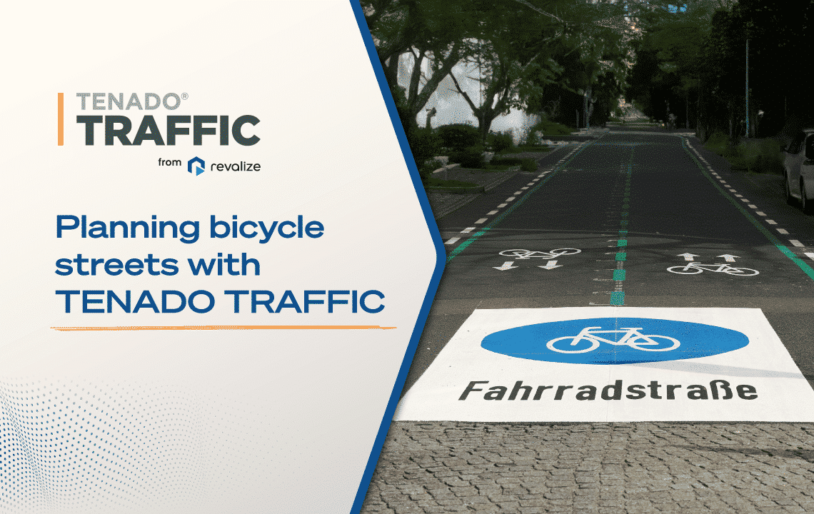 A street with marked bike lanes and a Fahrradstraße sign; text on image promotes planning bicycle streets with TENADO TRAFFIC software.