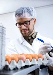 A person in a lab coat and hairnet carefully inspects eggs in cartons, clipboard in hand, noting details with precision. This attention to detail echoes the latest industry trends in foodservice design.
