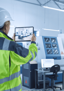 A person in a high-visibility jacket and helmet uses a tablet to capture images in a factory with machinery and monitors in the background.